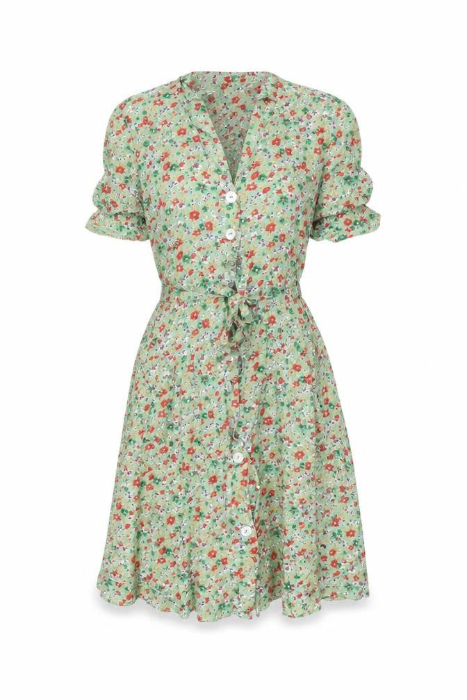 Front view of Difference women’s green floral polyester skater dress, size UK 8, v-neck button