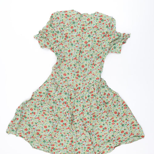 Difference Womens Green Floral Polyester Skater Dress Size 8 V-Neck Button