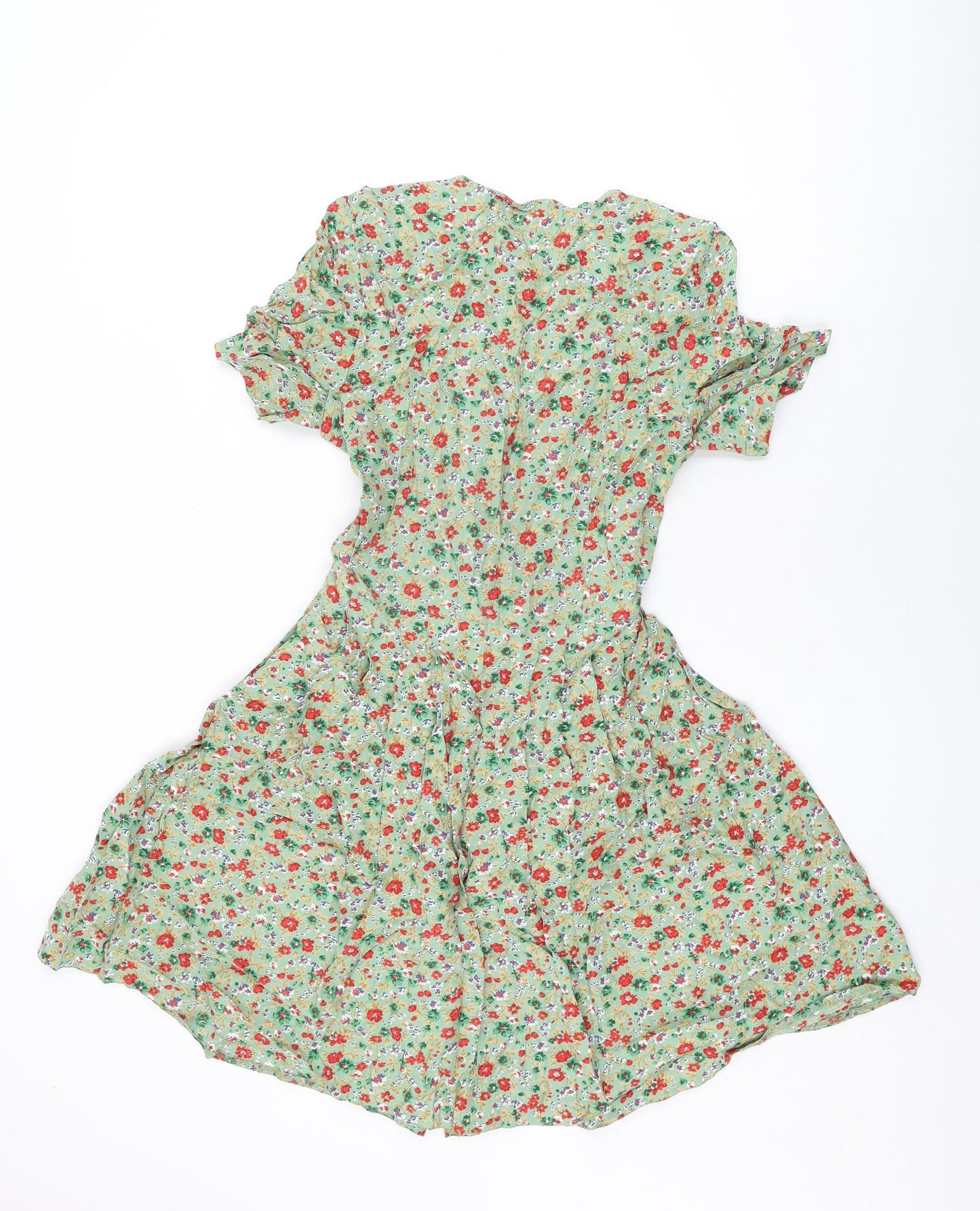 Difference Womens Green Floral Polyester Skater Dress Size 8 V-Neck Button