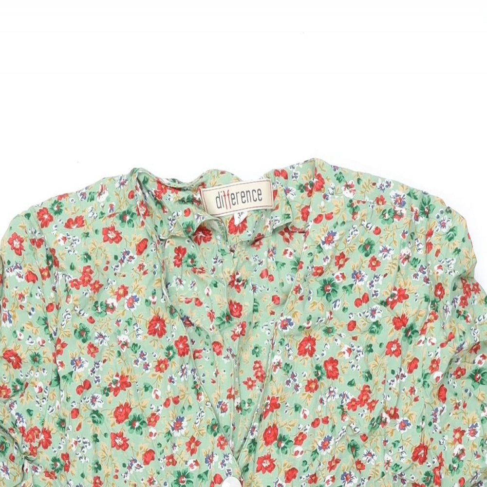 Difference Womens Green Floral Polyester Skater Dress Size 8 V-Neck Button