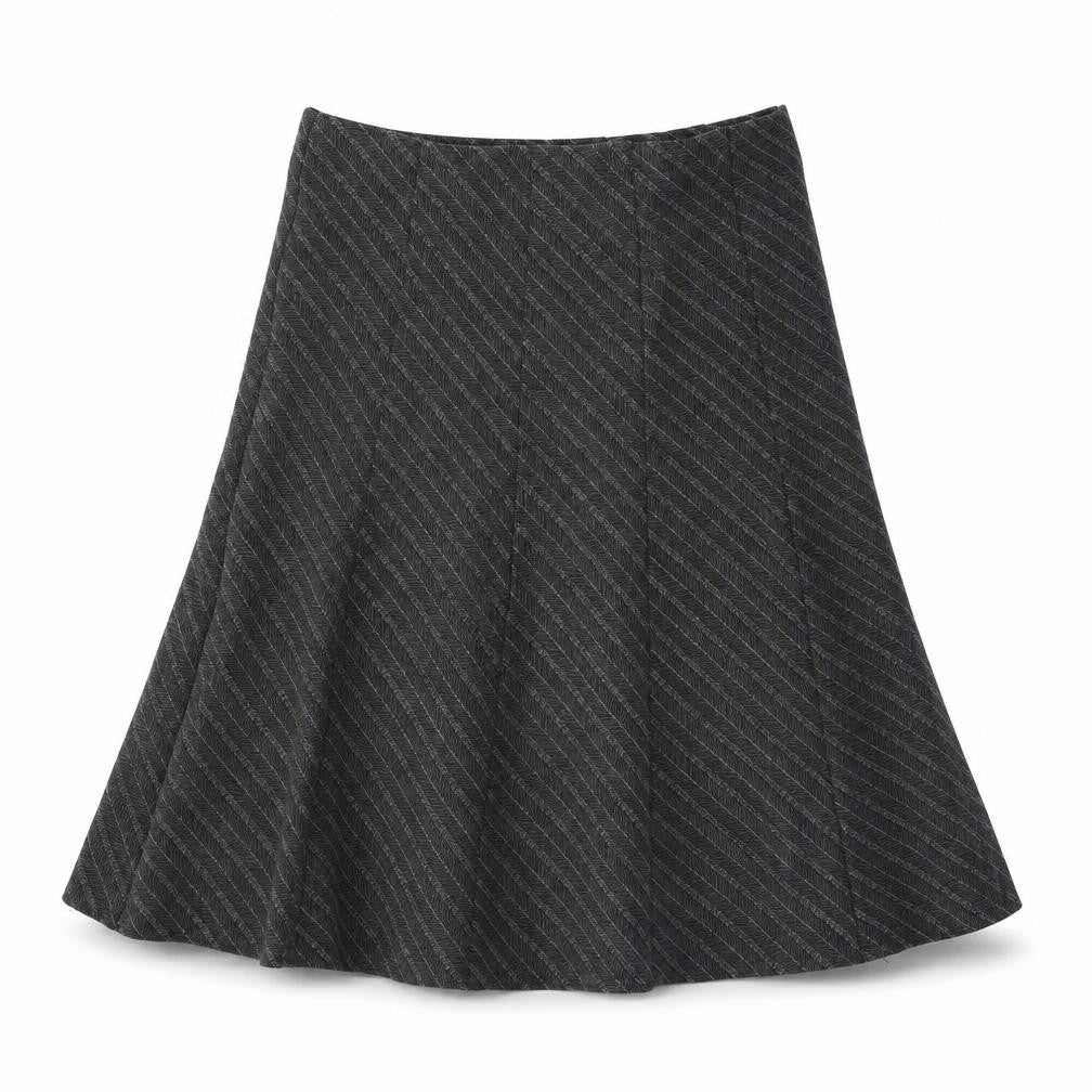 Front view of Marks & Spencer women’s grey striped polyester swing skirt, size UK 12