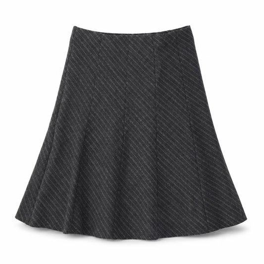 Front view of Marks & Spencer women’s grey striped polyester swing skirt, size UK 12