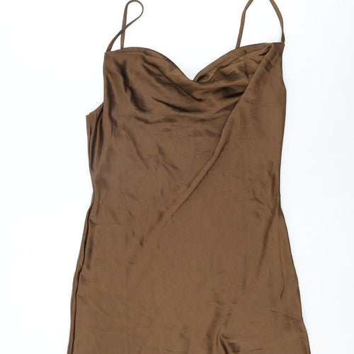Boohoo Womens Brown Polyester Mini Size 14 Cowl Neck Zip