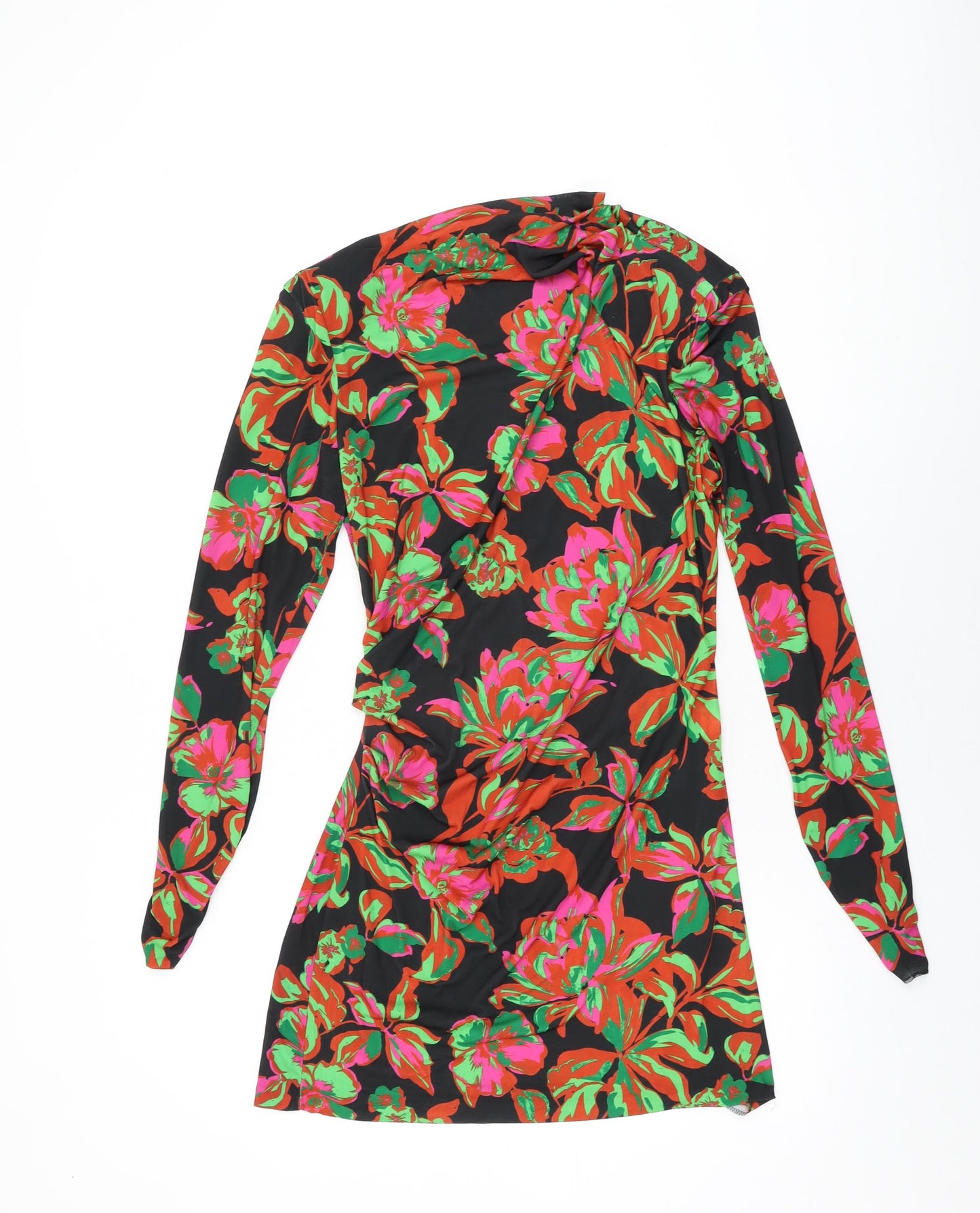 Zara Womens Black Floral Polyester Shift Size L Round Neck Pullover - Shoulder Pads