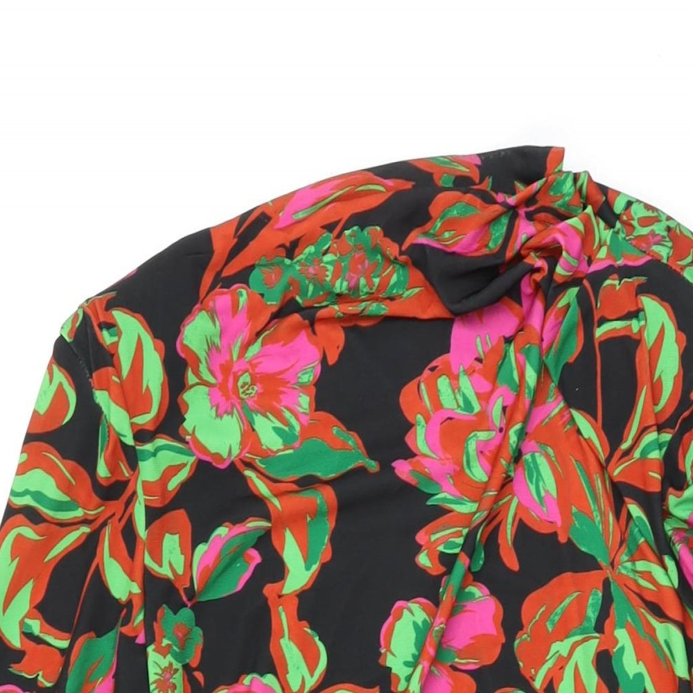 Zara Womens Black Floral Polyester Shift Size L Round Neck Pullover - Shoulder Pads