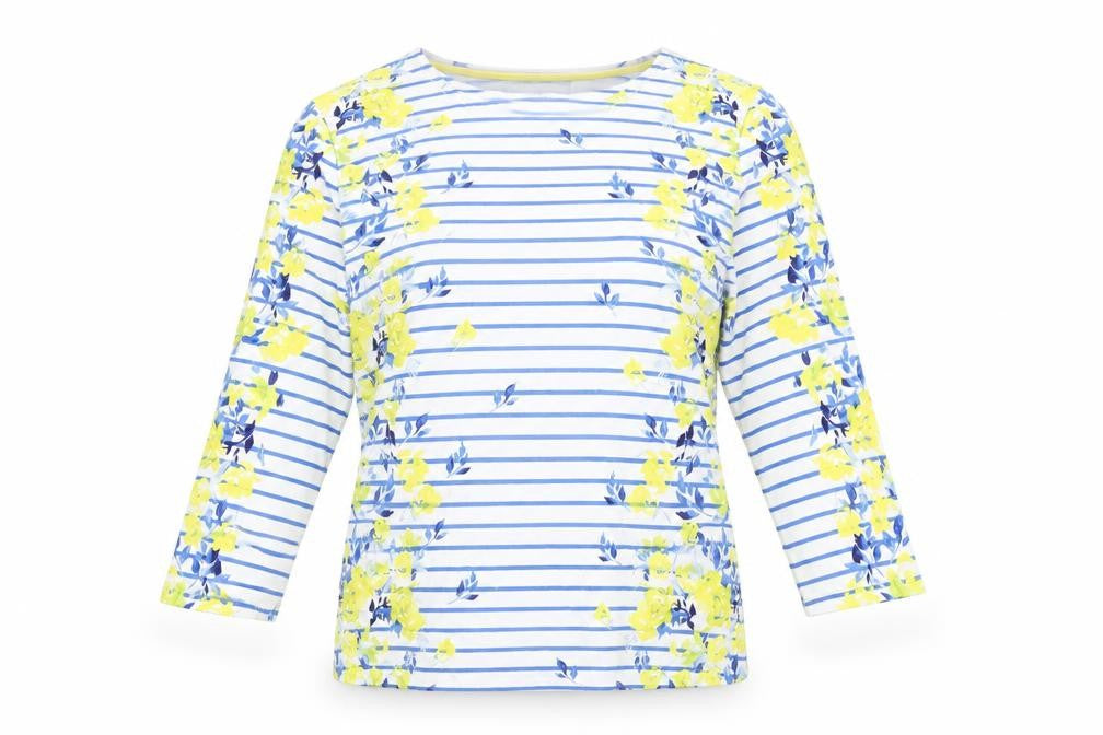Front view of Jessica Graaf women’s white floral polyester basic t-shirt, size S, round neck - striped