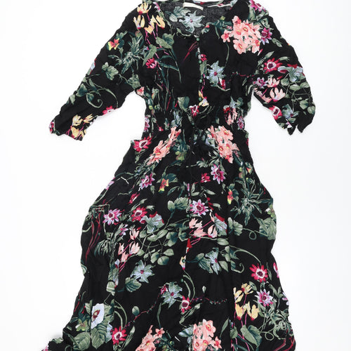 New Feeling Womens Black Floral Viscose A-Line Size XL V-Neck Button