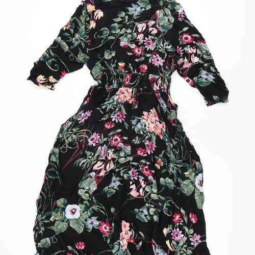 New Feeling Womens Black Floral Viscose A-Line Size XL V-Neck Button