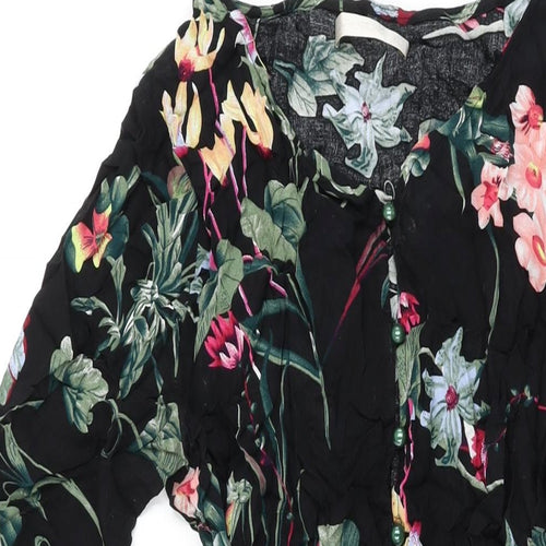 New Feeling Womens Black Floral Viscose A-Line Size XL V-Neck Button