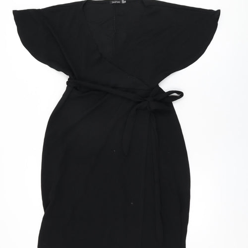 Boohoo Womens Black Polyester Wrap Dress Size 8 V-Neck Tie