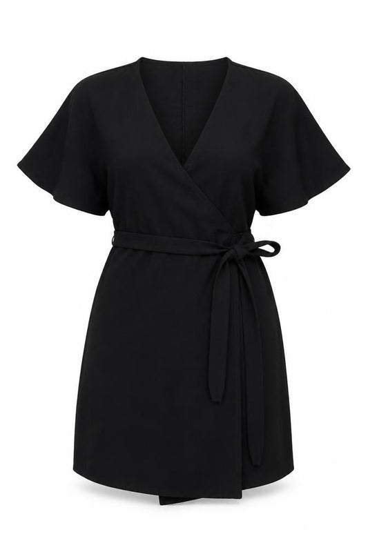 Front view of Boohoo women’s black polyester wrap dress, size UK 8, v-neck tie