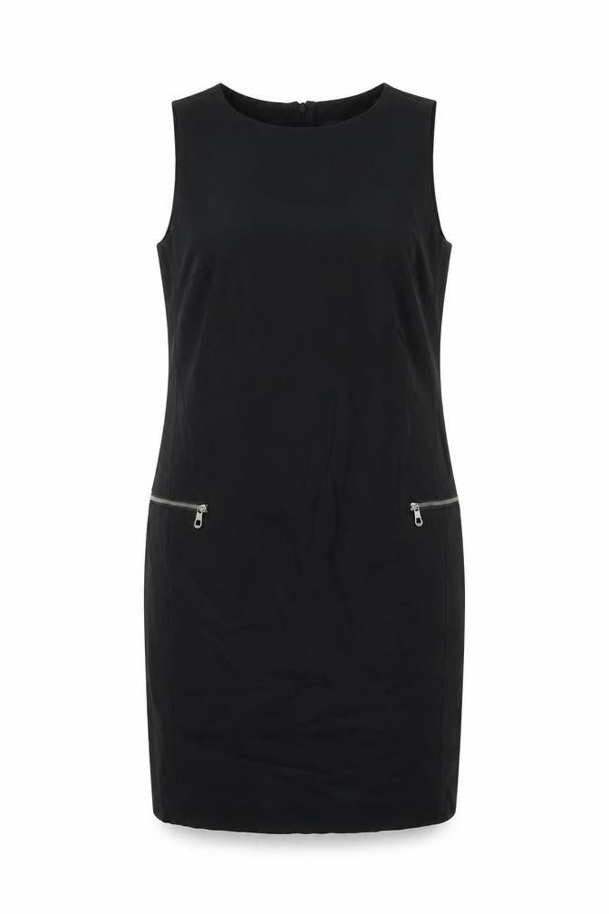 Front view of Next women’s black cotton shift, size UK 12, round neck zip