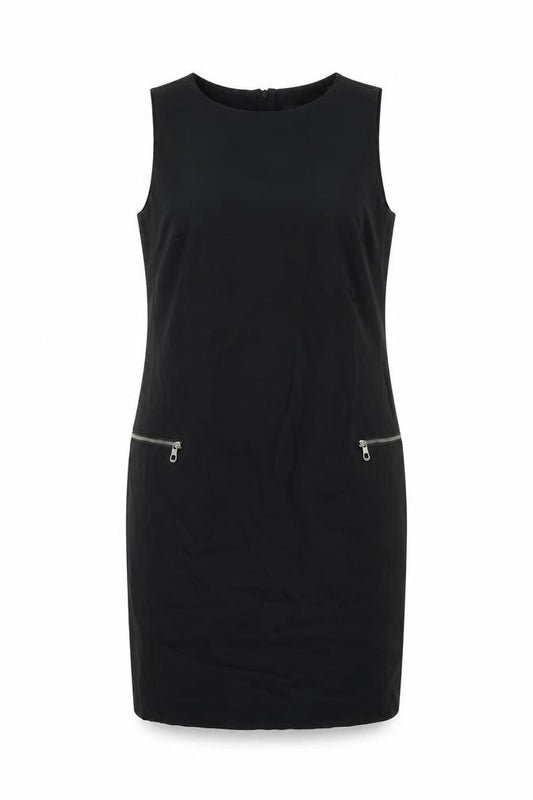 Front view of Next women’s black cotton shift, size UK 12, round neck zip