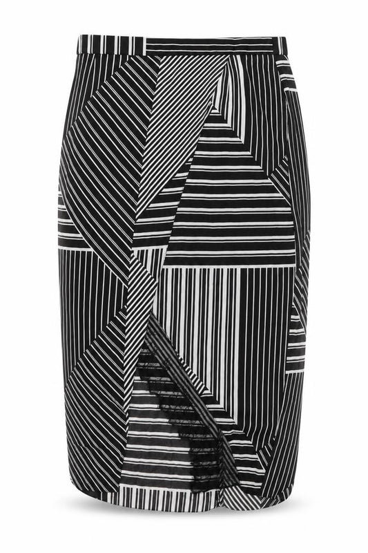 Front view of River Island women’s black striped polyester wrap skirt, size UK 14, zip - lace trim