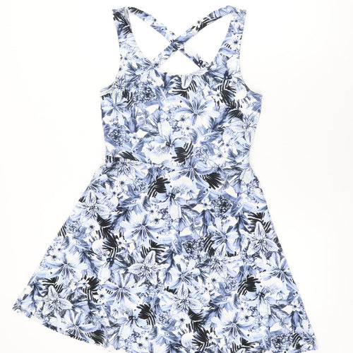 H&M Womens Blue Floral Polyester Skater Dress Size S Round Neck Pullover