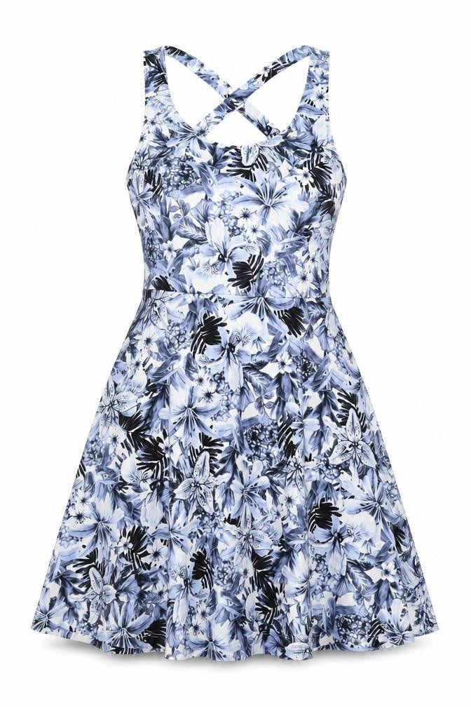 Front view of H&M women’s blue floral polyester skater dress, size S, round neck pullover