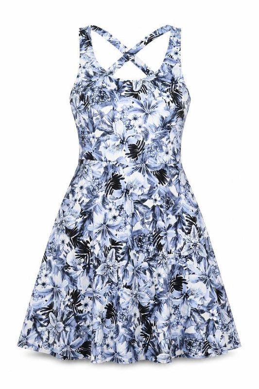 Front view of H&M women’s blue floral polyester skater dress, size S, round neck pullover