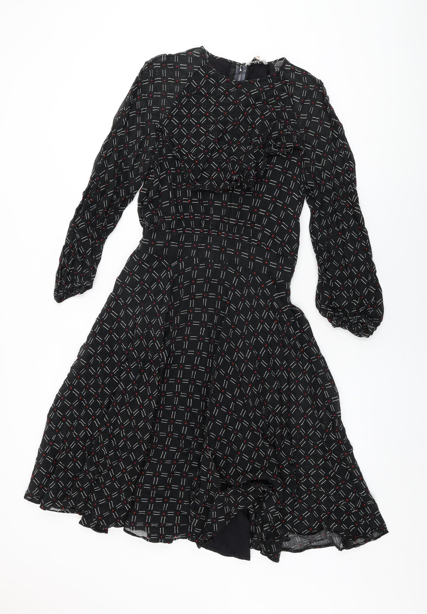 Graham Price Womens Black Geometric Polyester A-Line Size 14 Round Neck Zip - Frill Detail