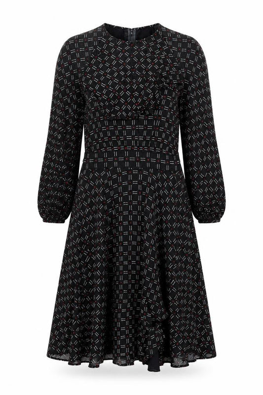 Front view of Graham Price women’s black geometric polyester a-line, size UK 14, round neck zip - frill detail