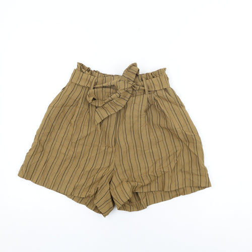 H&M Womens Brown Striped Viscose Paperbag Shorts Size 10 L4 in Regular Zip - Belted