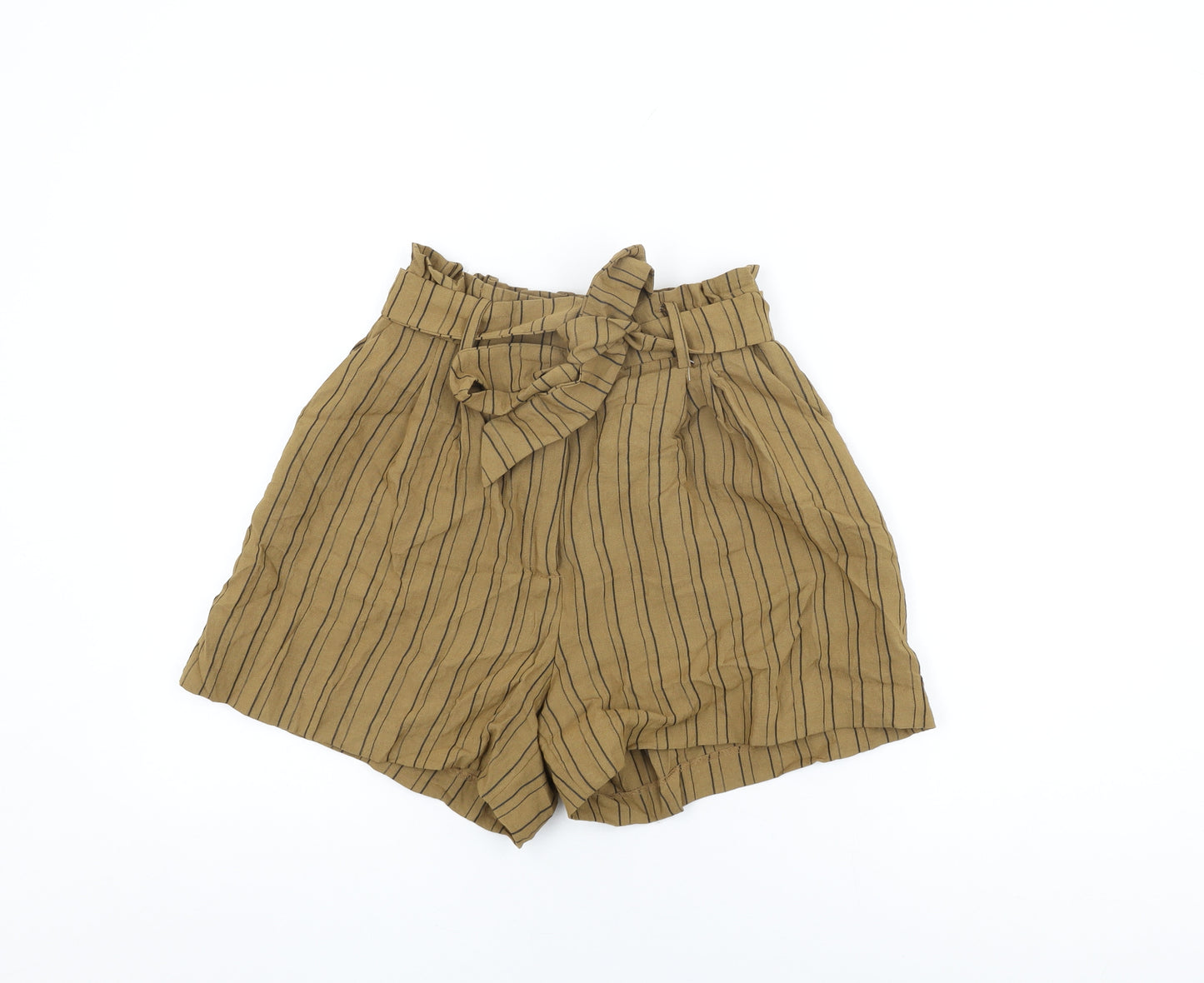 H&M Womens Brown Striped Viscose Paperbag Shorts Size 10 L4 in Regular Zip - Belted