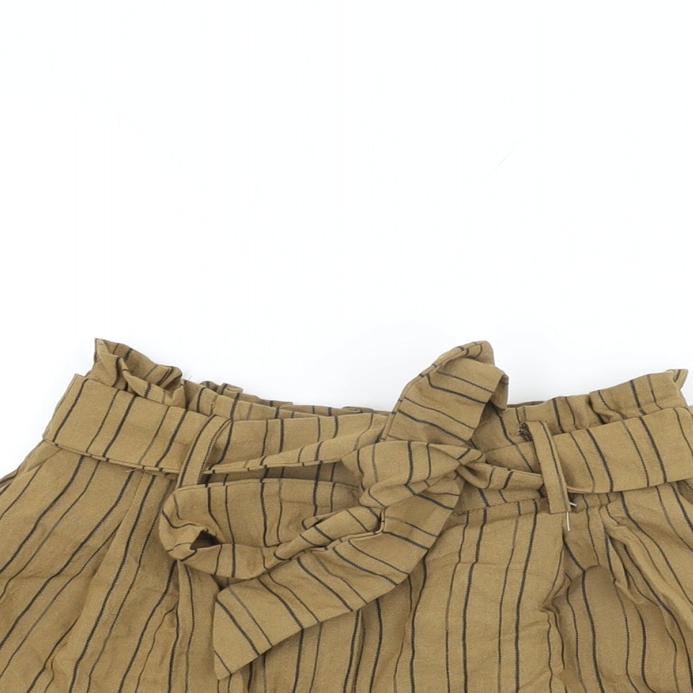 H&M Womens Brown Striped Viscose Paperbag Shorts Size 10 L4 in Regular Zip - Belted