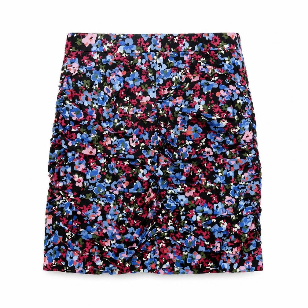 Stradivarius Womens Black Floral Cotton Mini Skirt Size S Zip