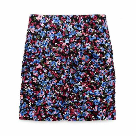 Front view of Stradivarius women’s black floral cotton mini skirt, size S, zip