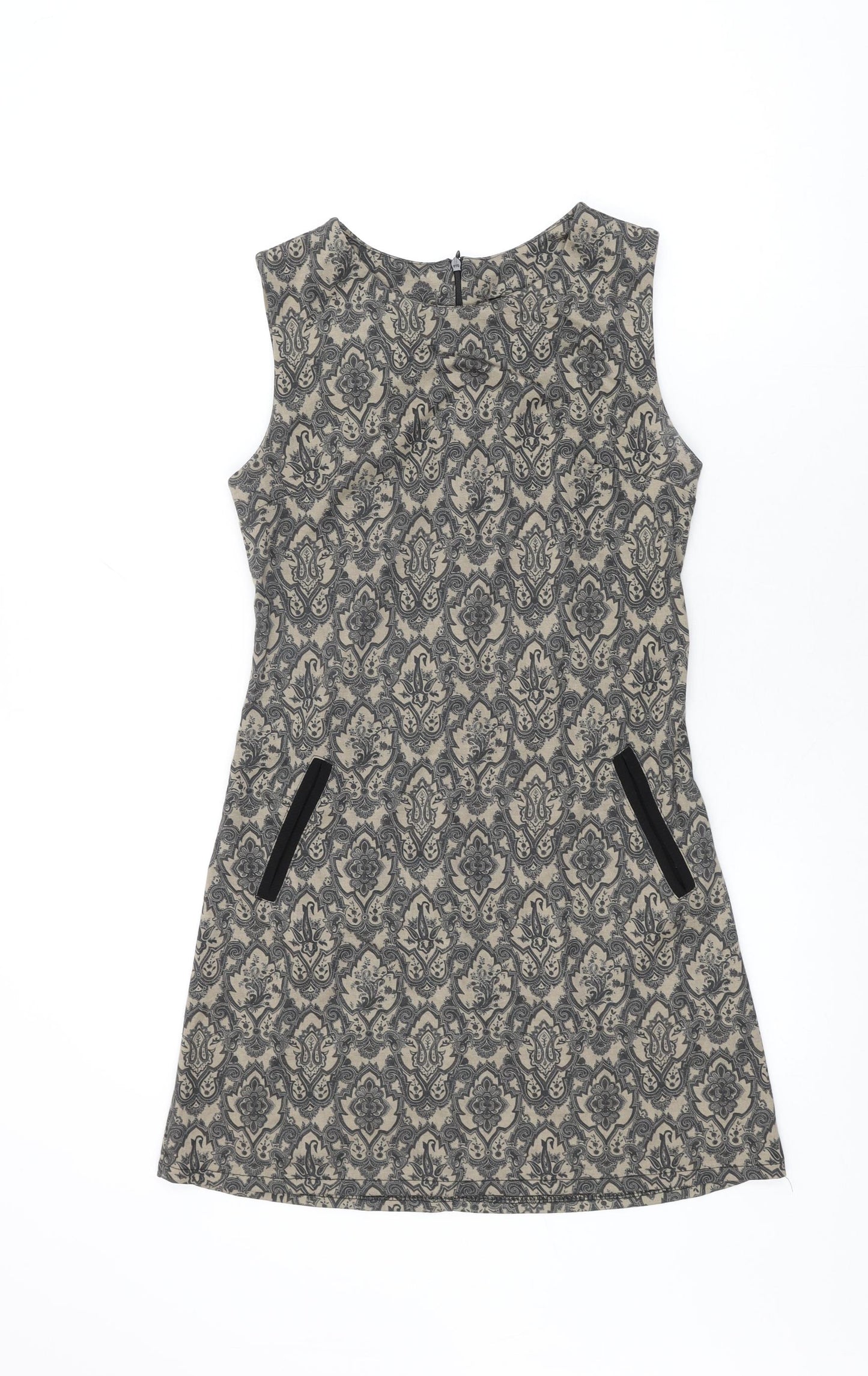 Izabel London Womens Brown Geometric Polyester Shift Size 8 Round Neck Zip