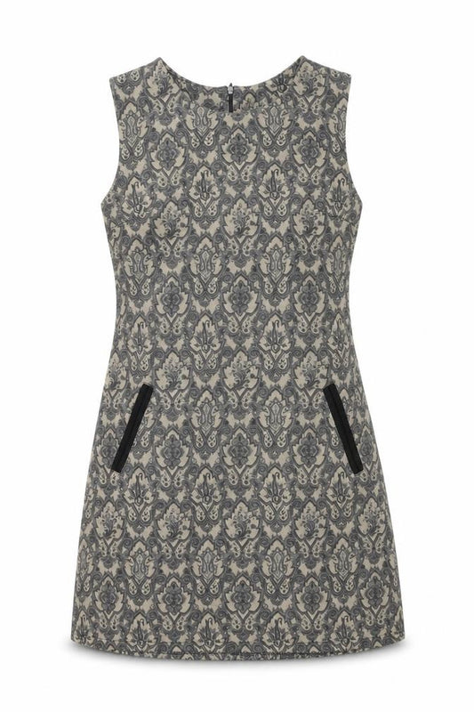 Front view of Izabel London women’s brown geometric polyester shift, size UK 8, round neck zip