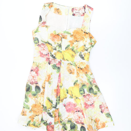 Louche Womens White Floral Cotton Skater Dress Size 12 Sweetheart Zip