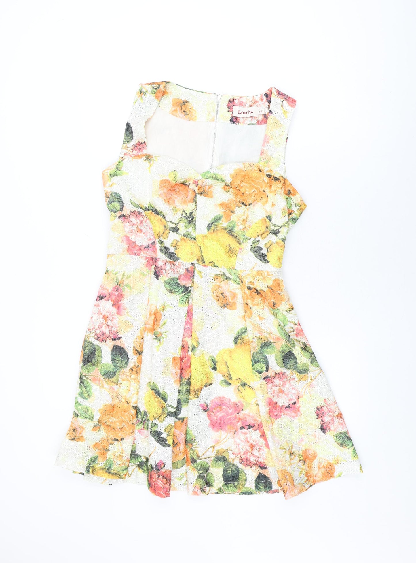 Louche Womens White Floral Cotton Skater Dress Size 12 Sweetheart Zip