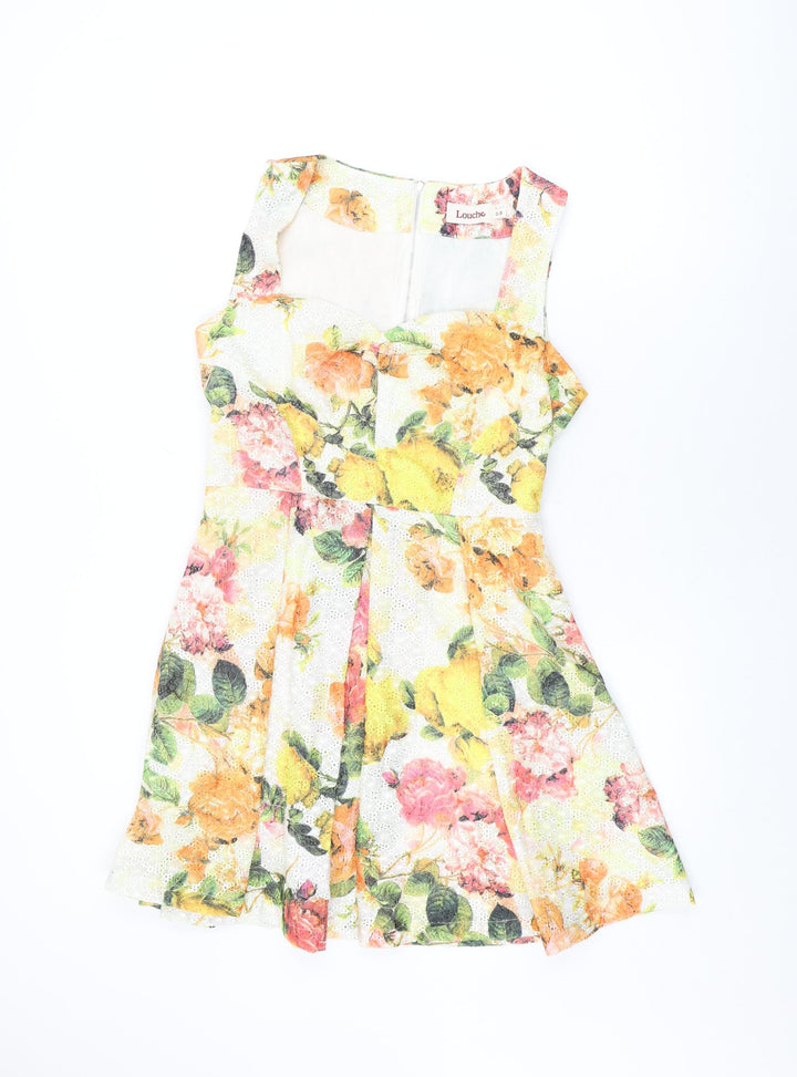 Louche Womens White Floral Cotton Skater Dress Size 12 Sweetheart Zip