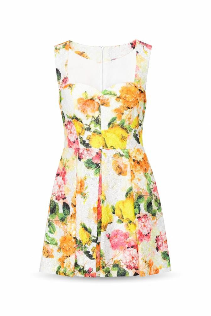 Louche Womens White Floral Cotton Skater Dress Size 12 Sweetheart Zip