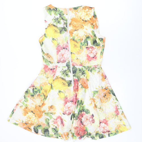 Louche Womens White Floral Cotton Skater Dress Size 12 Sweetheart Zip
