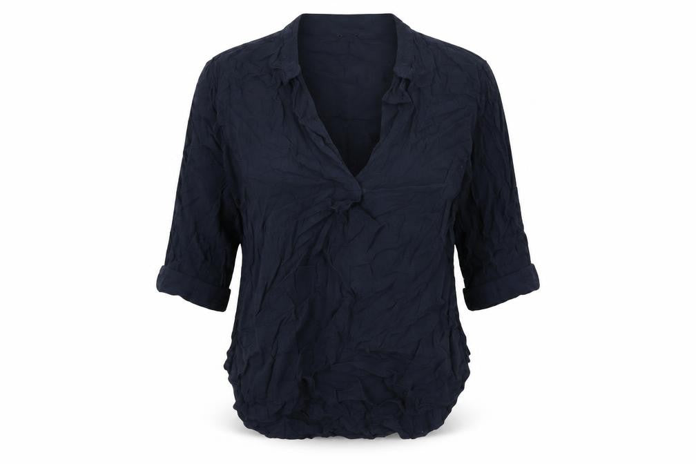 Front view of Great Plains women’s blue viscose basic t-shirt, size S, v-neck