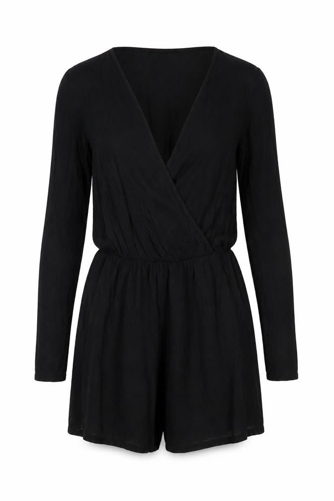 Front view of I SAW IT FIRST women’s black viscose playsuit one-piece, size UK 10, 3-inch leg pullover