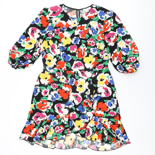 Warehouse Womens Black Floral Polyester Wrap Dress Size 12 Round Neck Button