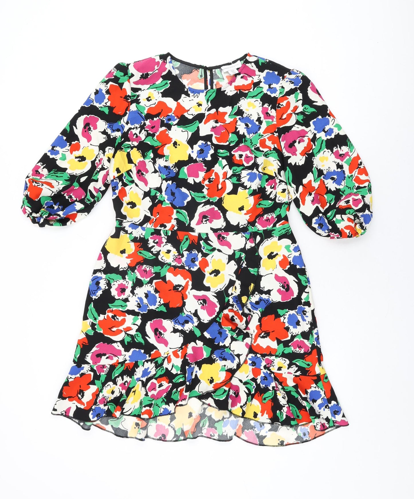 Warehouse Womens Black Floral Polyester Wrap Dress Size 12 Round Neck Button