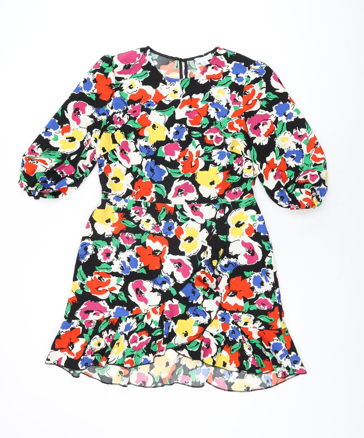 Warehouse Womens Black Floral Polyester Wrap Dress Size 12 Round Neck Button