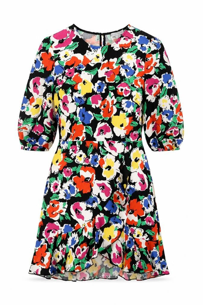 Front view of Warehouse women’s black floral polyester wrap dress, size UK 12, round neck button