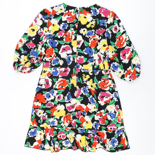Warehouse Womens Black Floral Polyester Wrap Dress Size 12 Round Neck Button