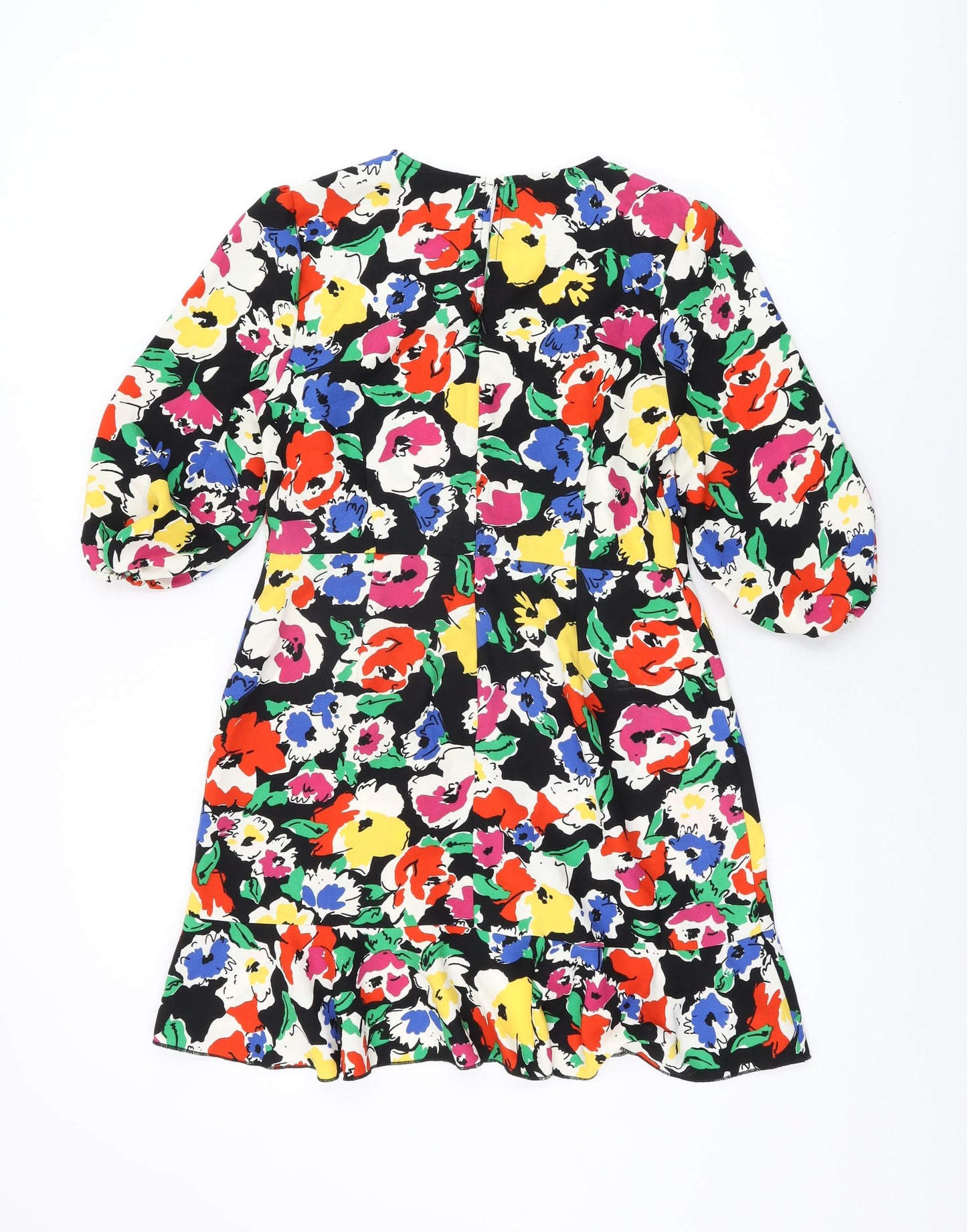 Warehouse Womens Black Floral Polyester Wrap Dress Size 12 Round Neck Button