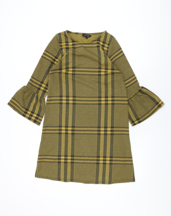 New Look Womens Yellow Plaid Polyester Shift Size 8 Round Neck Pullover