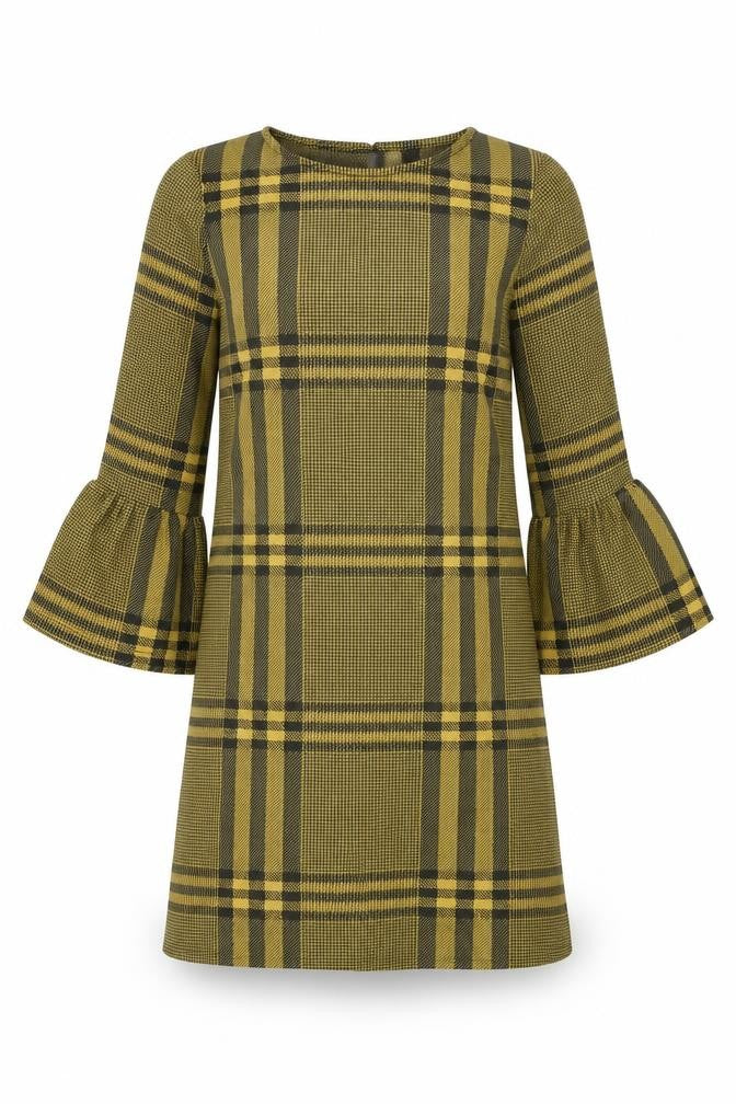 Front view of New Look women’s yellow plaid polyester shift, size UK 8, round neck pullover