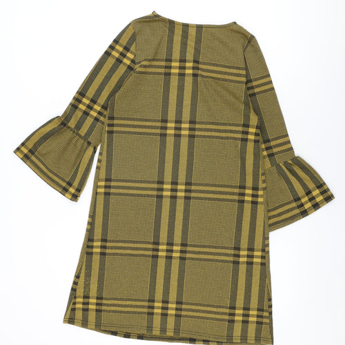 New Look Womens Yellow Plaid Polyester Shift Size 8 Round Neck Pullover