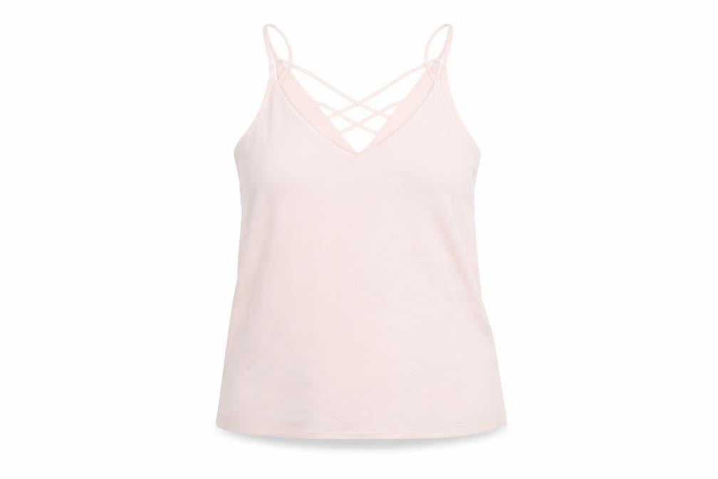 Front view of River Island women’s pink polyester basic t-shirt, size UK 8, v-neck