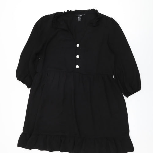 New Look Womens Black Polyester Shift Size 12 Round Neck Button