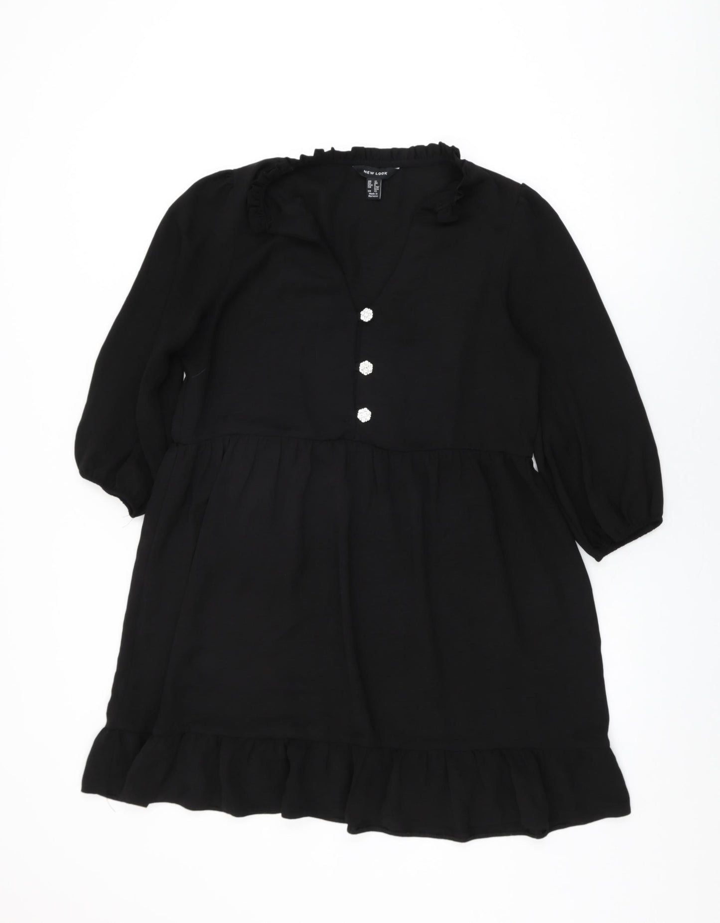 New Look Womens Black Polyester Shift Size 12 Round Neck Button