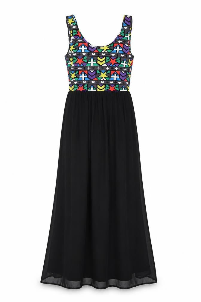 Front view of H&M women’s multicoloured geometric cotton maxi, size UK 8, round neck pullover